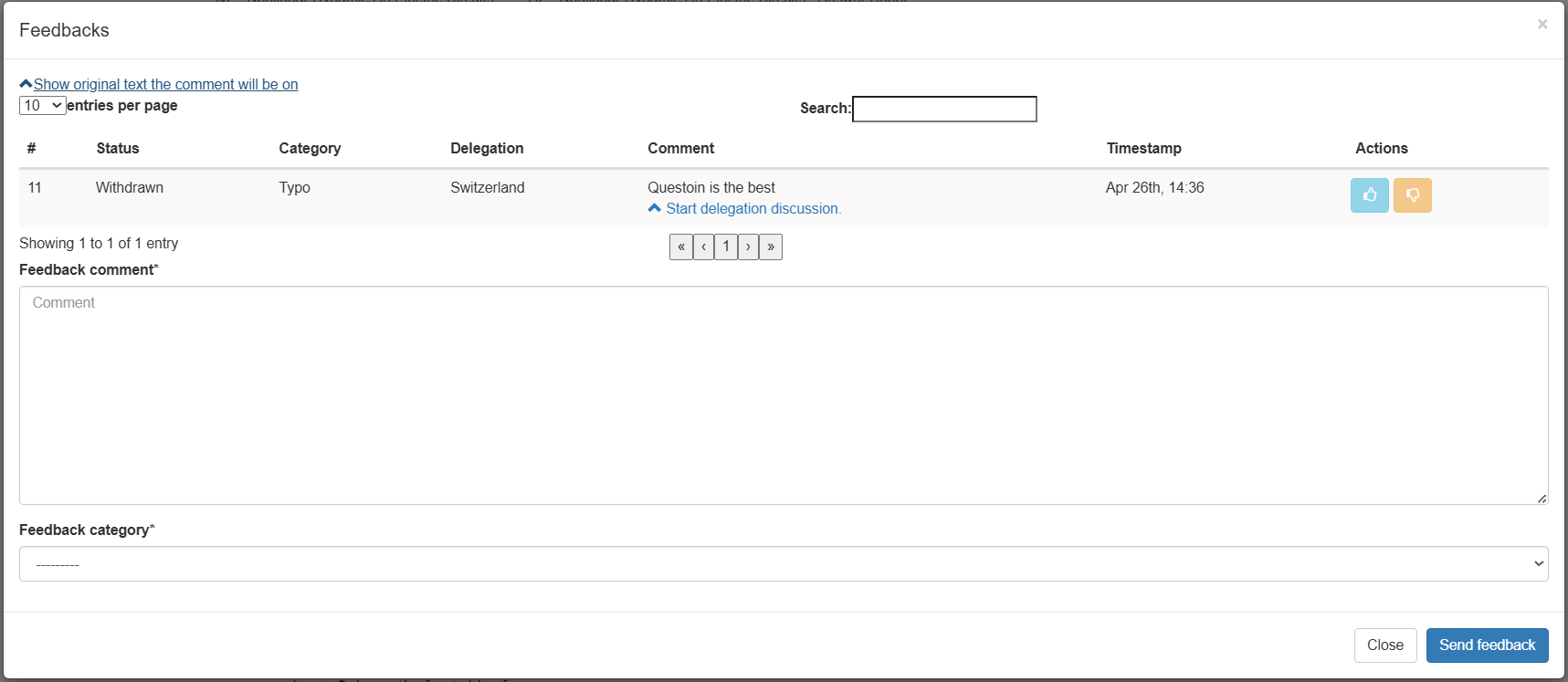 feedback popup menu